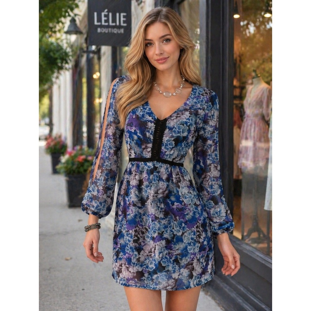 Dress Women Flower Blue, Black & Purple Midi Size M Dress (Reg: $50)